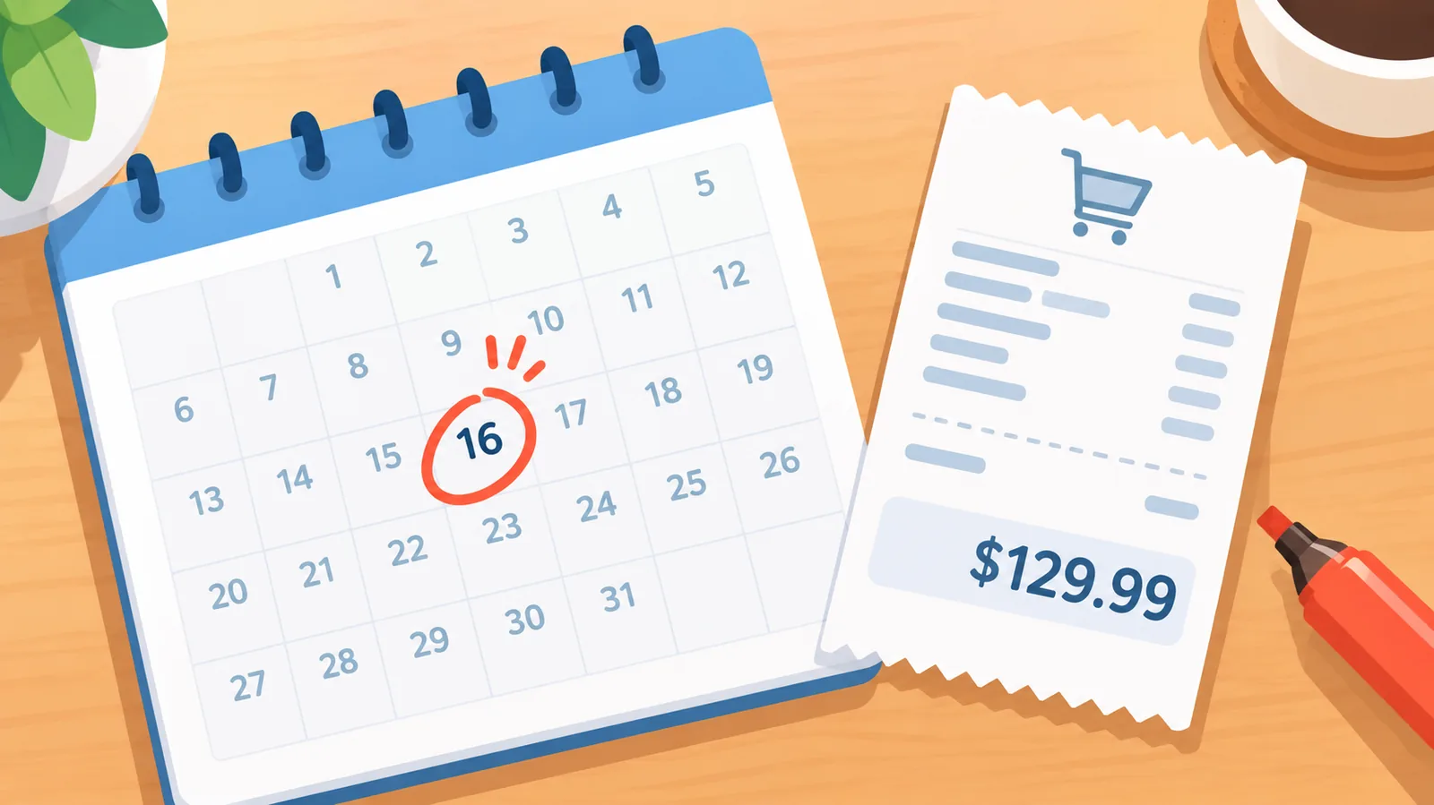 Calendrier avec date entourée et reçu d'achat sur un bureau