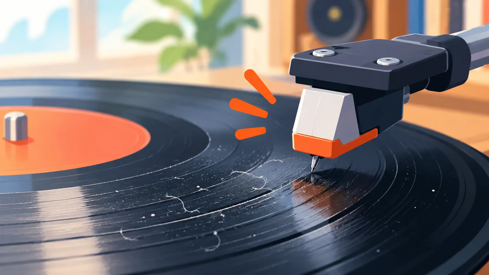 Sillons d'un disque vinyle empoussiéré vus de très près avec la pointe de lecture