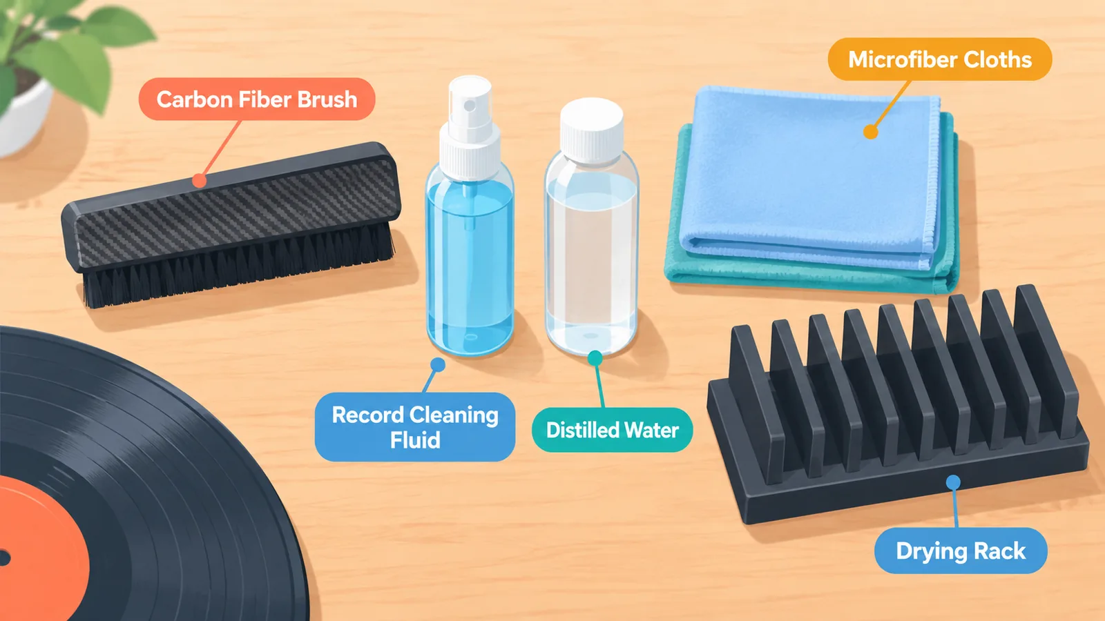 Kit de nettoyage pour vinyles posé sur une table en bois