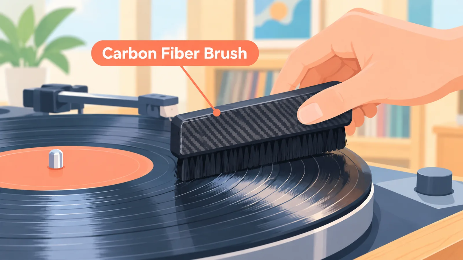 Dépoussiérage à sec d'un vinyle avec une brosse en fibres de carbone