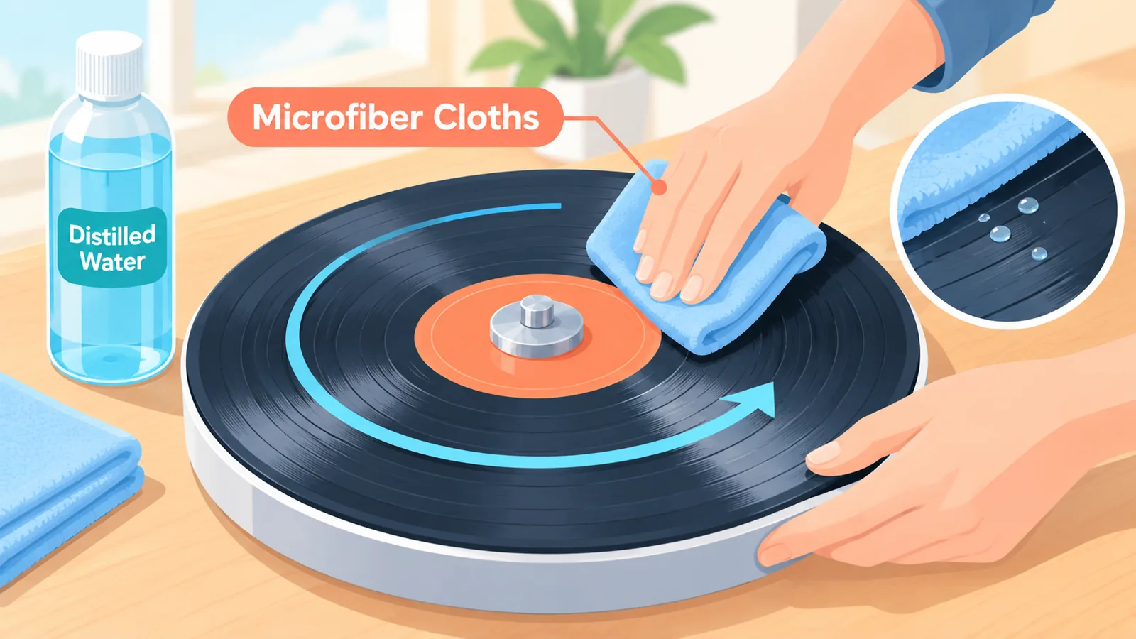 Lavage humide d'un disque vinyle avec une microfibre en suivant les sillons