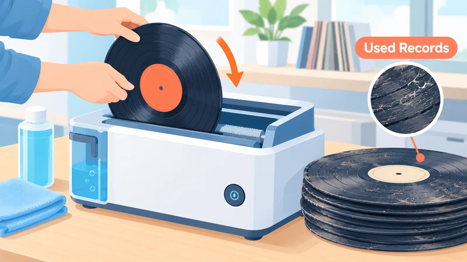 Disque vinyle d'occasion placé dans une machine de nettoyage dédiée