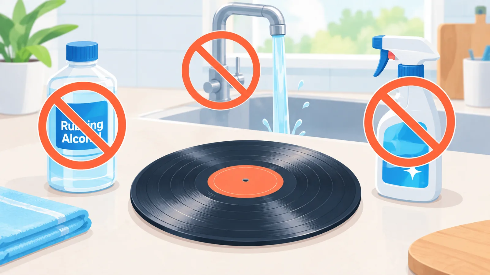 Produits à éviter pour nettoyer un vinyle : alcool, eau du robinet, produits ménagers