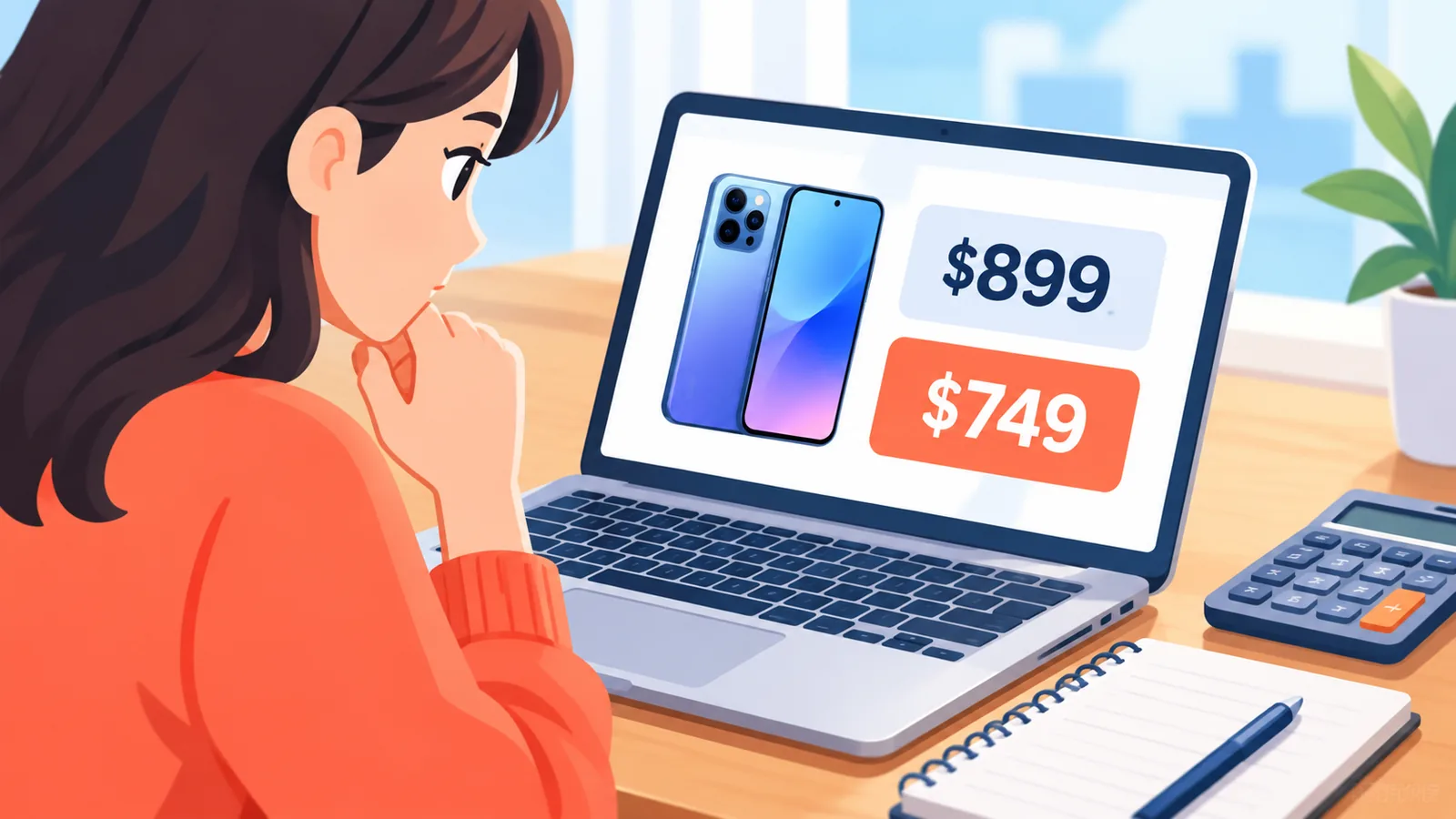 Personne comparant le prix d'un smartphone sur un ordinateur portable avec une calculatrice