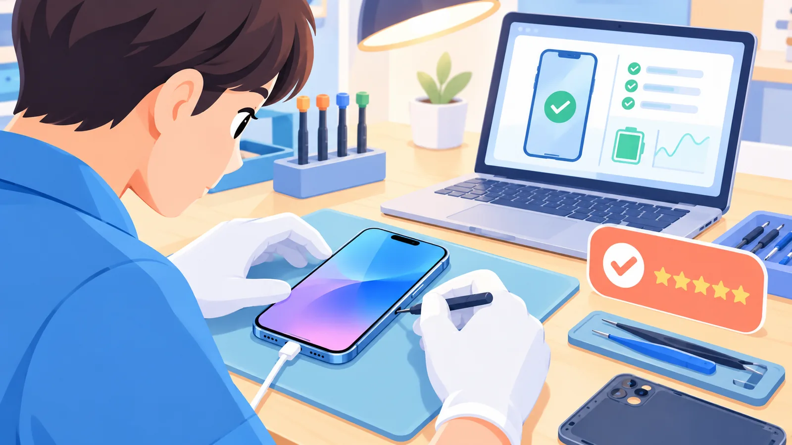 Établi de reconditionnement avec un smartphone en cours de test