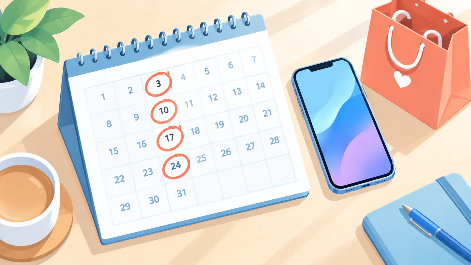 Calendrier avec des dates entourées à côté d'un smartphone et d'un sac de courses