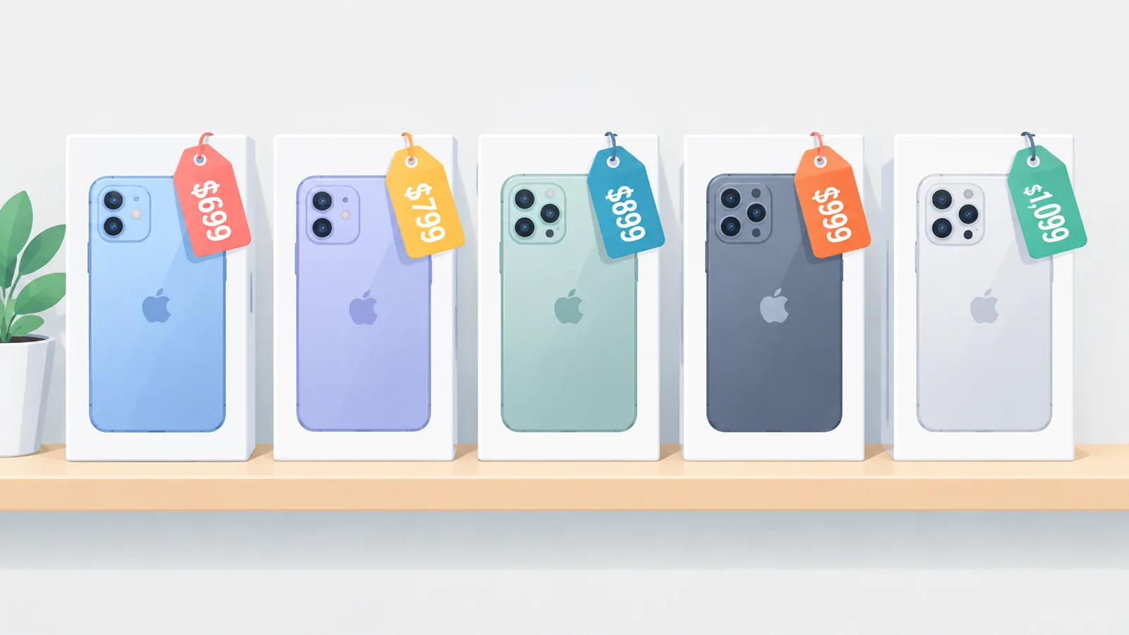 Cinq boîtes de smartphones alignées sur une étagère avec des étiquettes de couleur