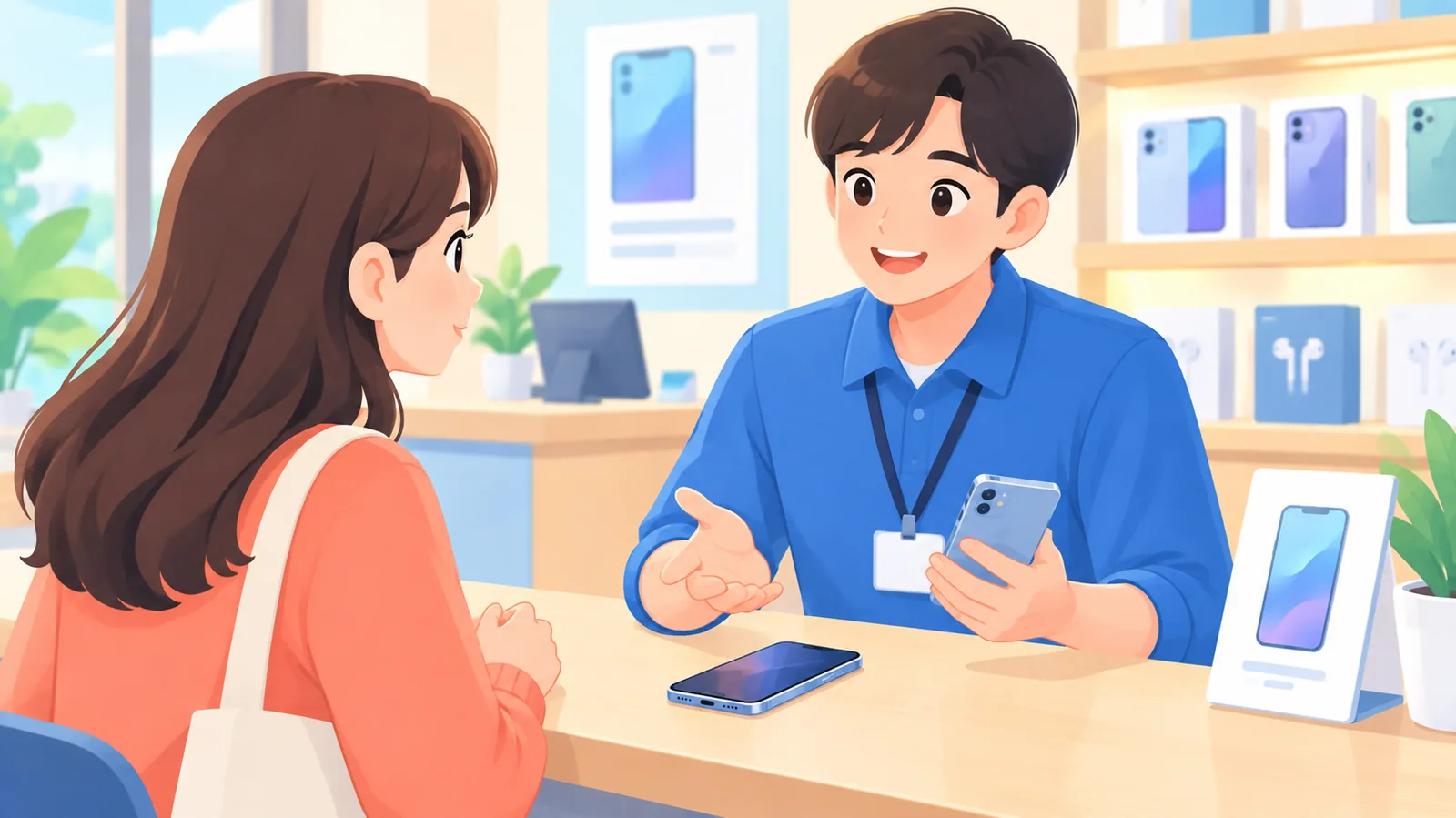 Conseiller répondant à la question d'un client dans une boutique de téléphonie