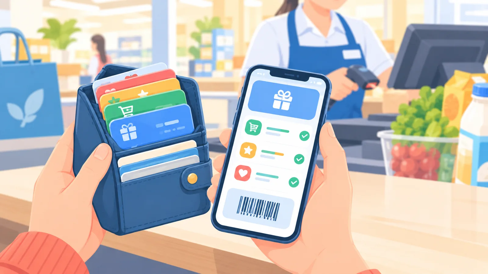 Cartes de fidélité et smartphone à la caisse d'un magasin