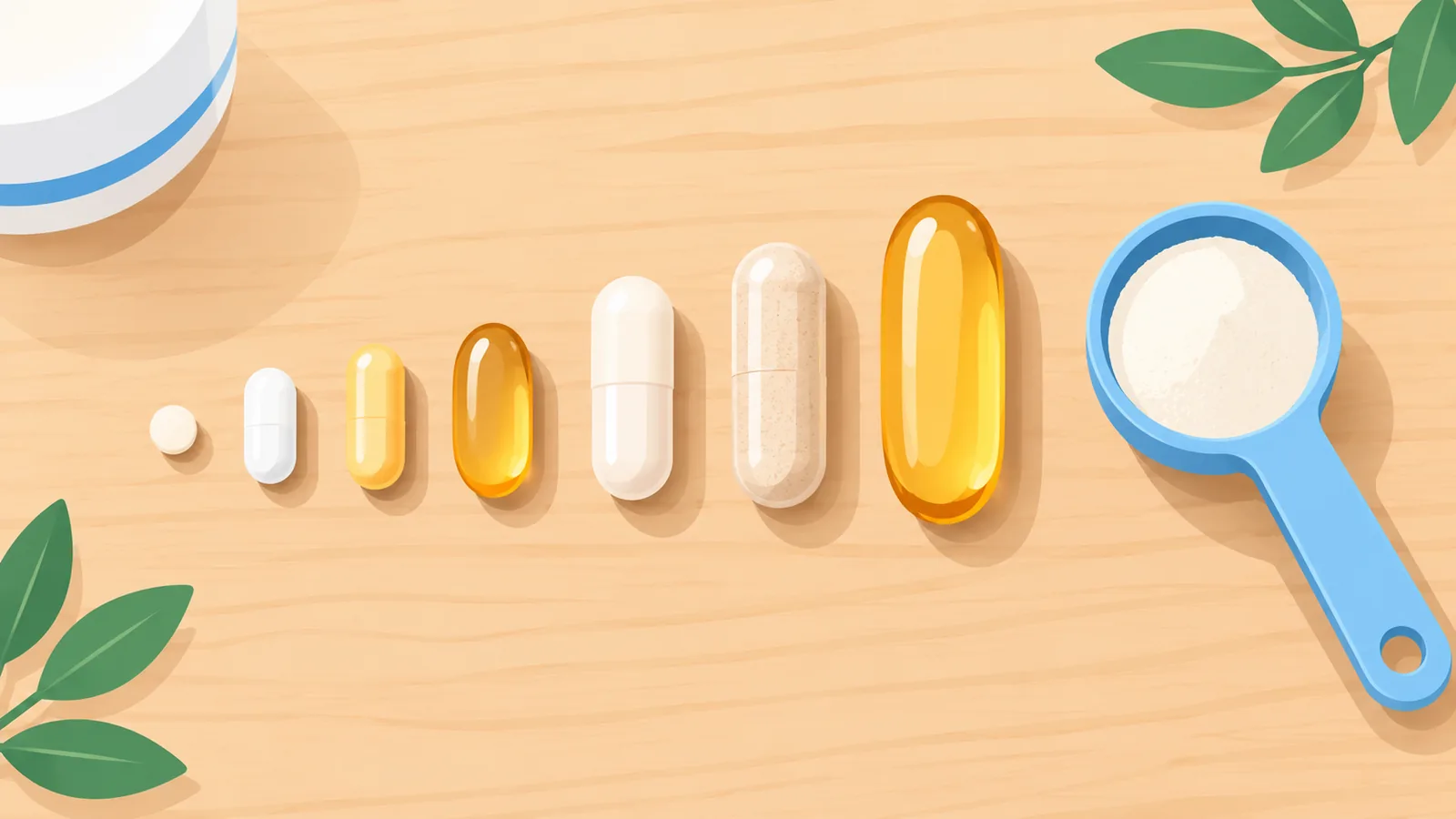 Gélules de mélatonine de différents dosages sur une table en bois