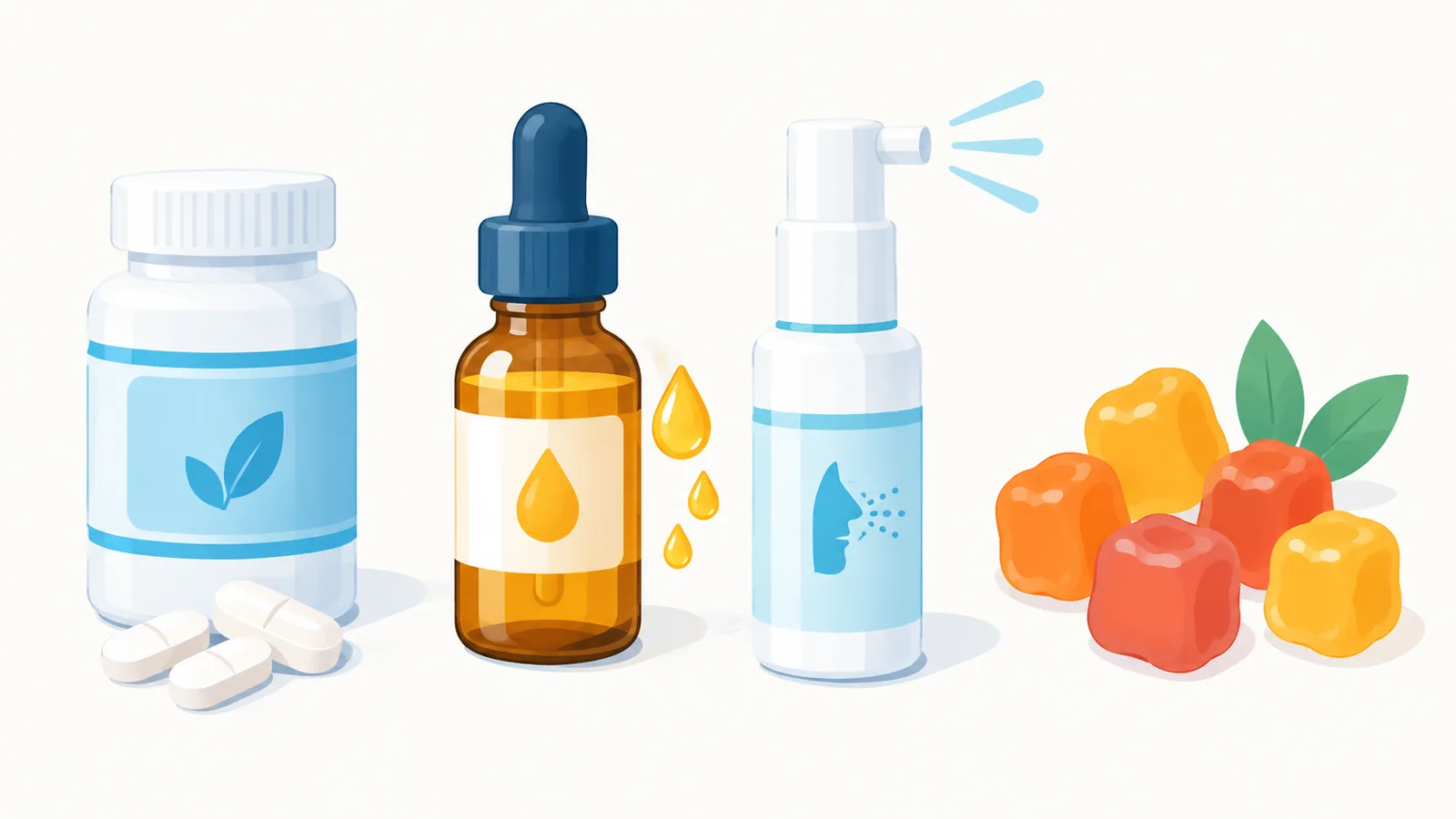 Différents formats de compléments de mélatonine : gélules, gouttes, spray et gommes