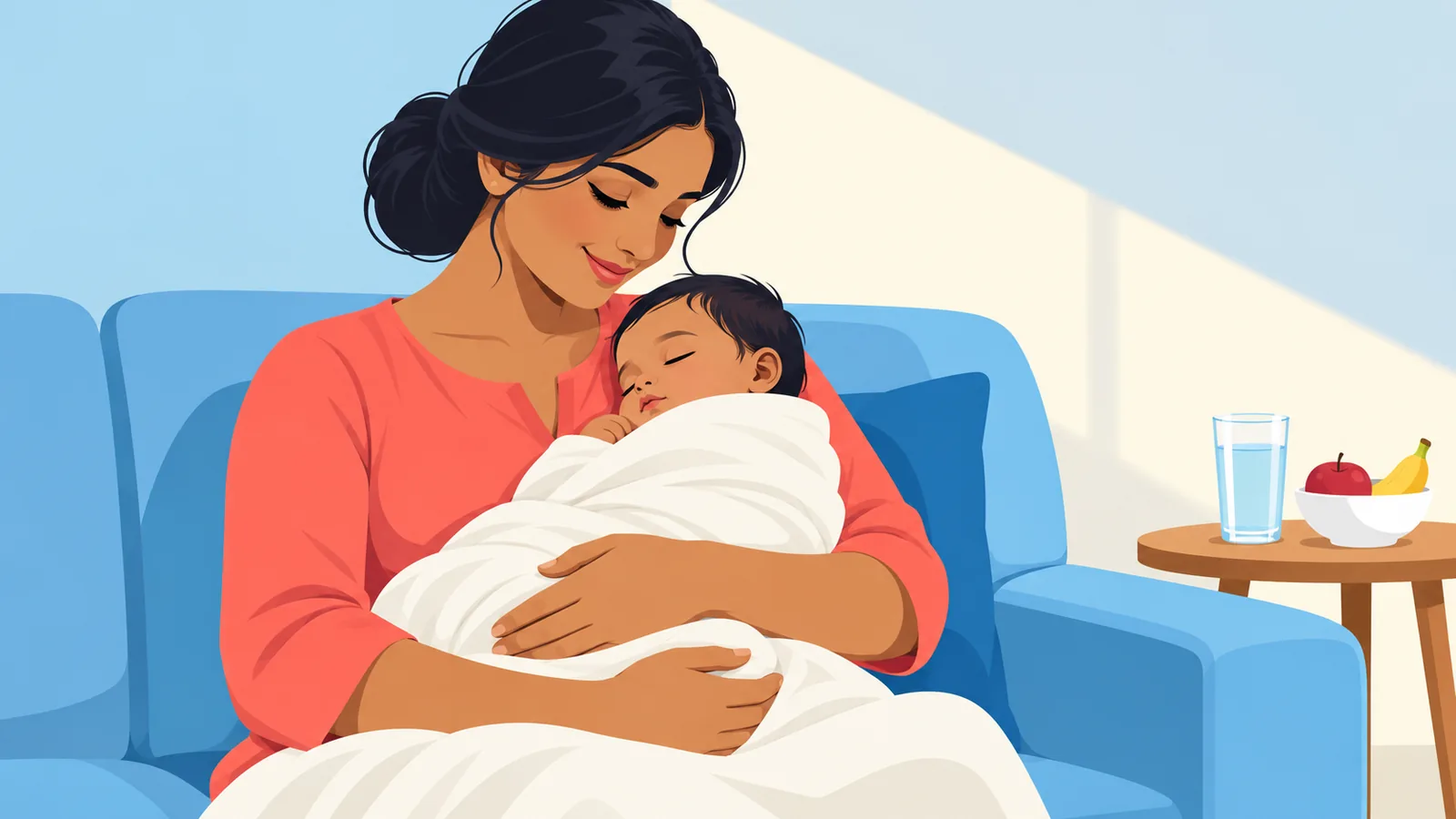 शिशु को गोद में लिए आराम से बैठी माँ