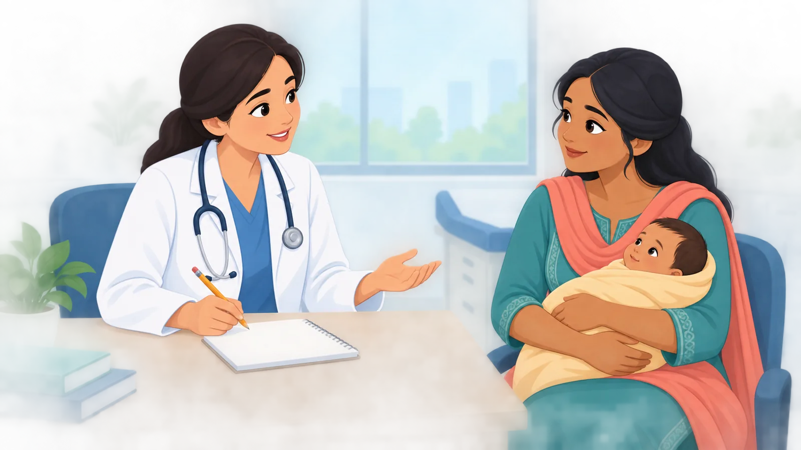 डॉक्टर से सलाह लेती माँ