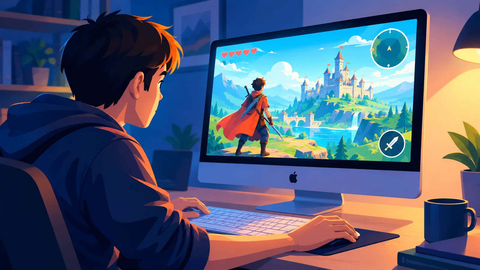 iMac पर एक्शन गेम खेलता हुआ व्यक्ति