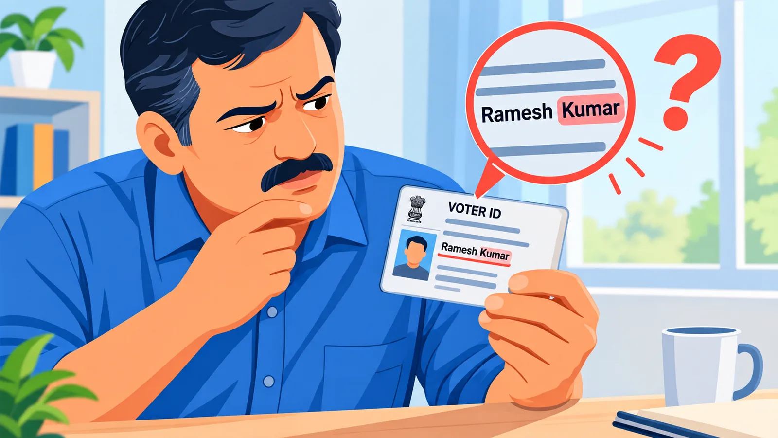 वोटर आईडी में नाम की गलती देखता व्यक्ति