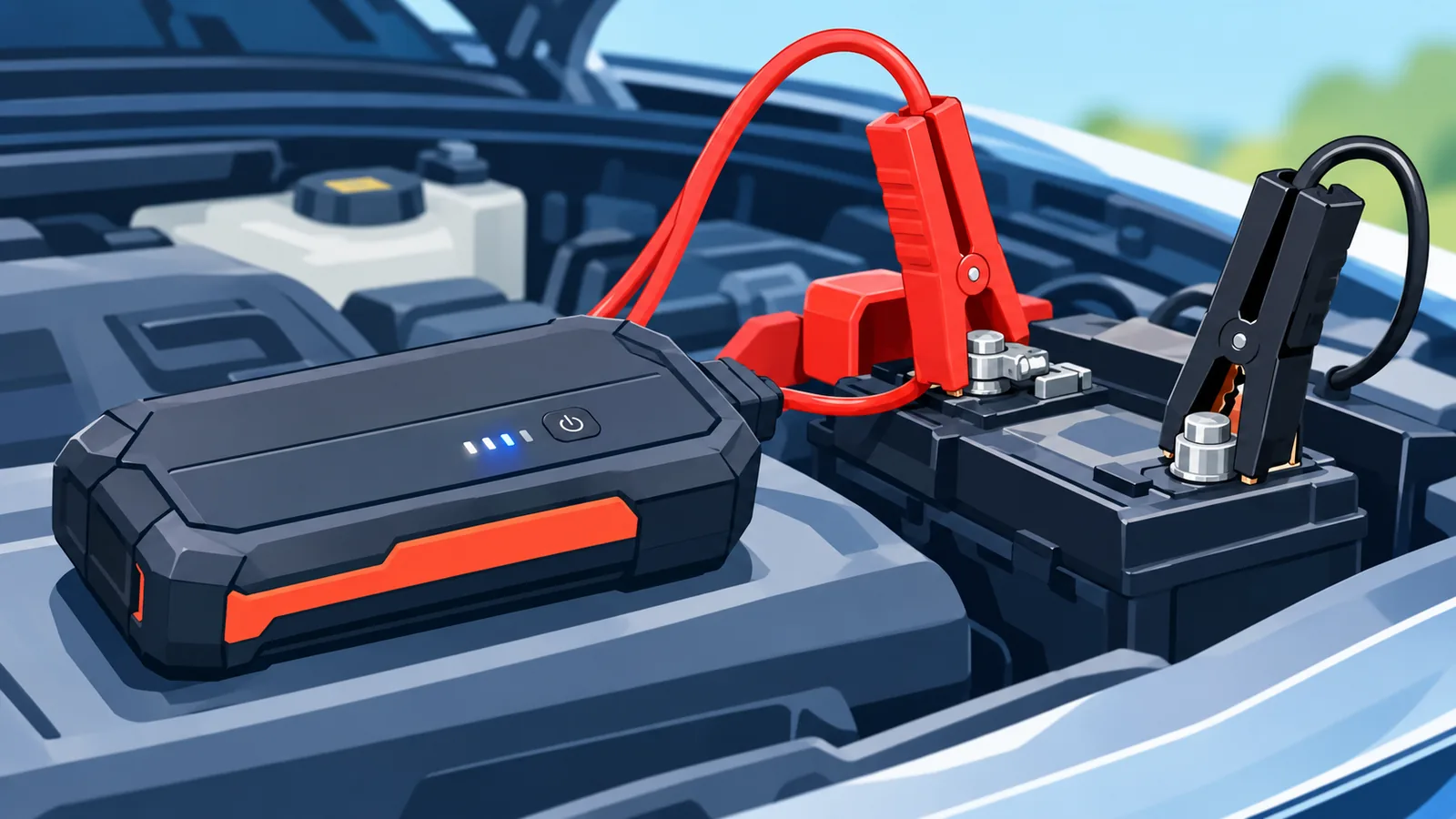 Jump starter aki mobil terhubung ke terminal aki