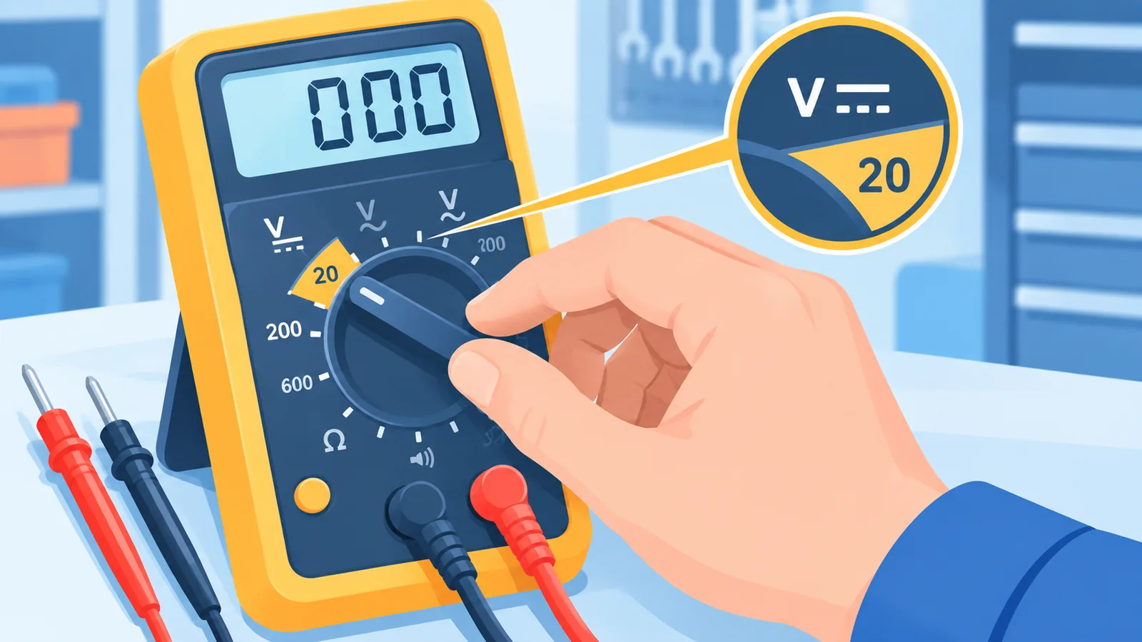 Mengatur multimeter ke mode DC Voltage 20V