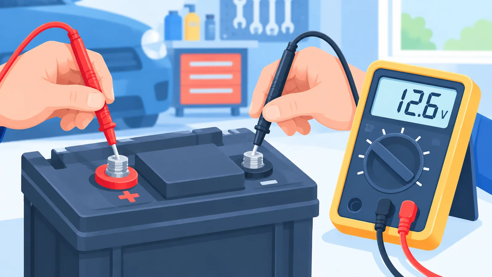Memasang probe multimeter ke terminal aki mobil
