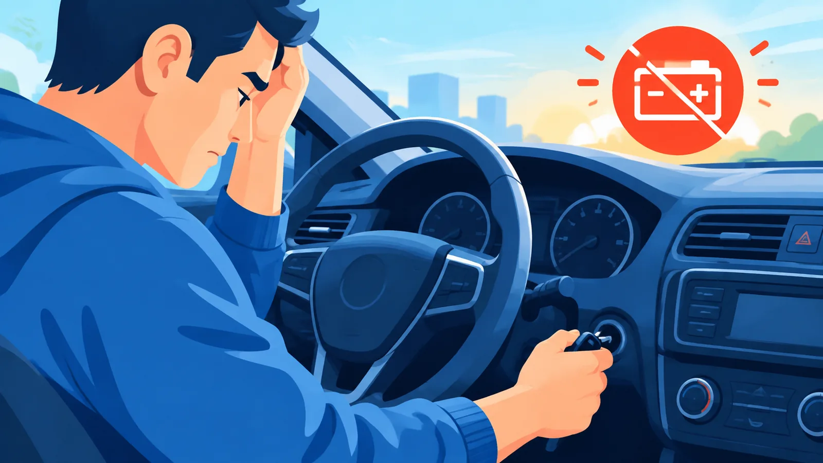 Pengemudi mencoba menyalakan mobil dengan aki soak di pagi hari