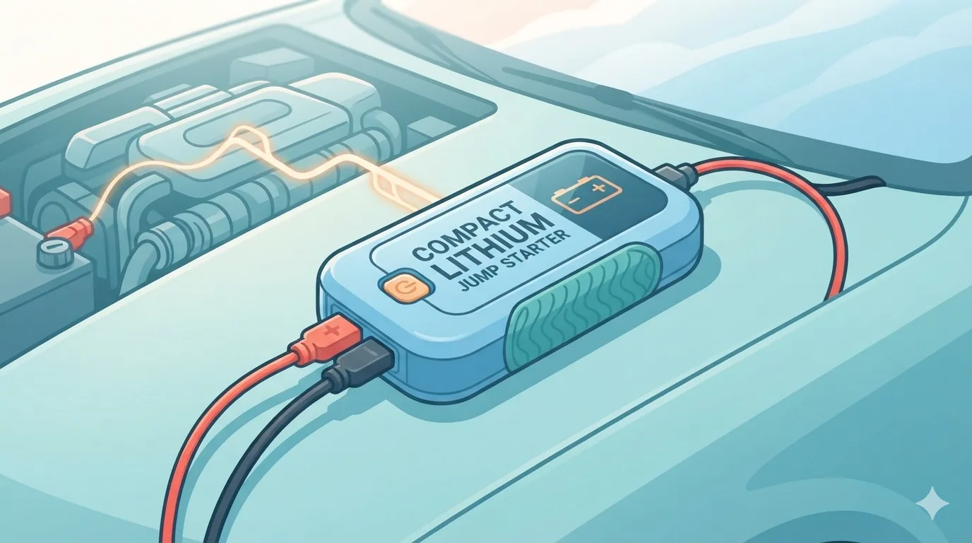 Jump starter portabel lithium dengan kabel penjepit di atas kap mobil