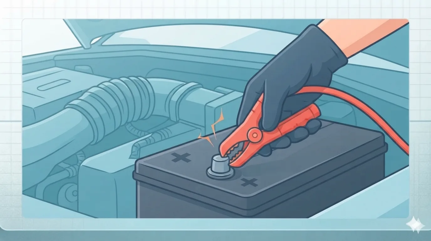 Menyambungkan kabel positif jump starter ke terminal aki mobil