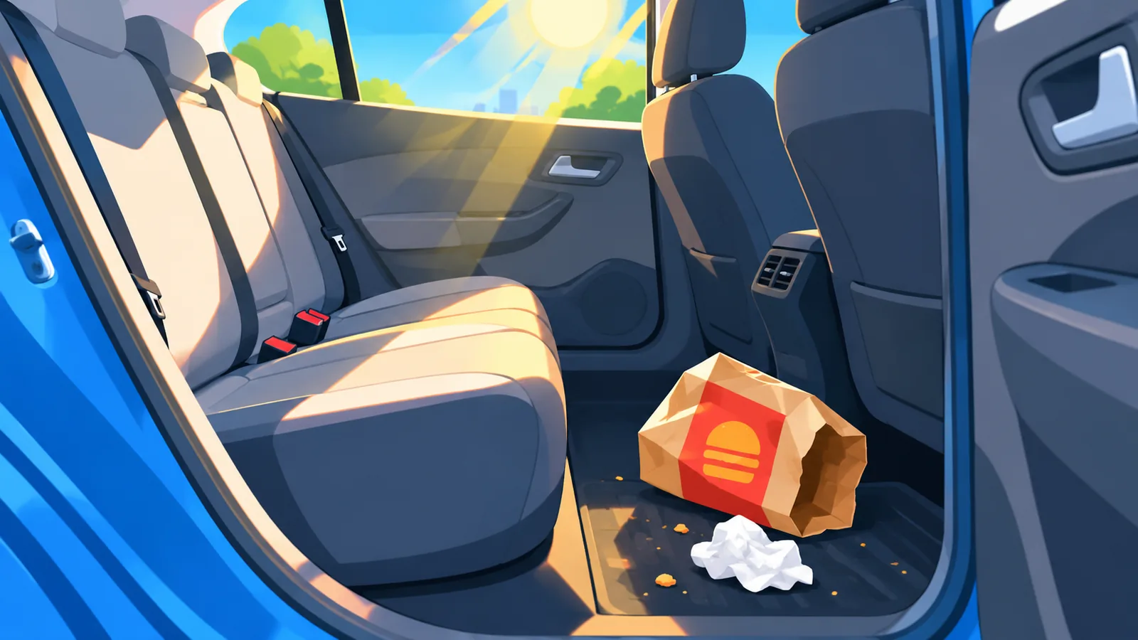 Kabin mobil terparkir di bawah terik dengan sisa makanan di karpet yang memicu bau apek
