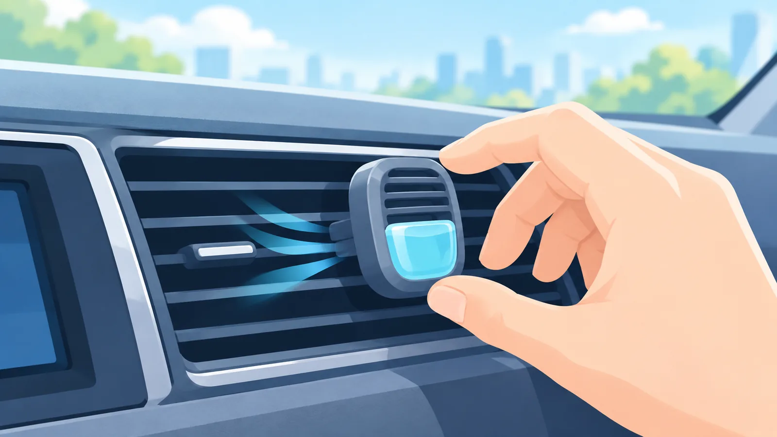 Tangan memasang pengharum klip pada ventilasi AC dasbor mobil