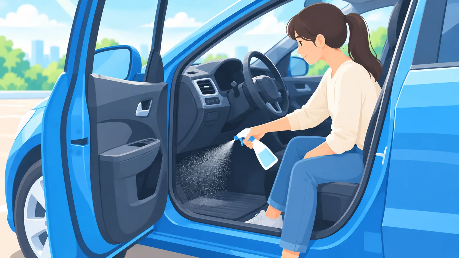 Pengemudi menyemprotkan pengharum kabut ringan ke arah karpet mobil