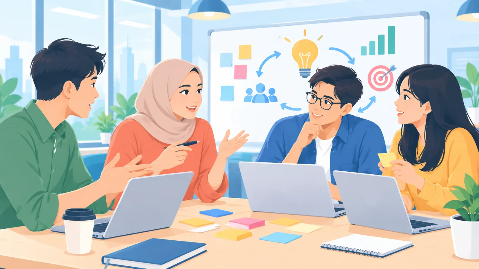 Sekelompok pekerja muda berdiskusi menunjukkan keterampilan komunikasi