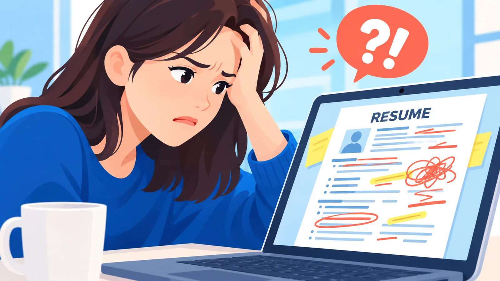 Pencari kerja meninjau CV yang berantakan di laptop
