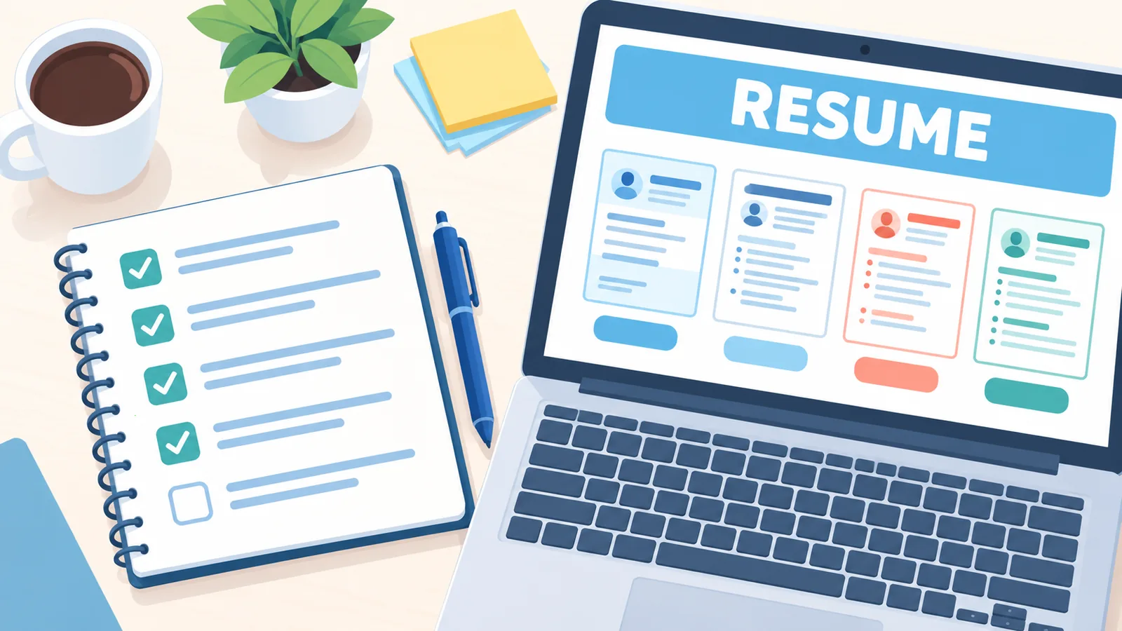 Catatan kriteria memilih resume builder di atas meja kerja