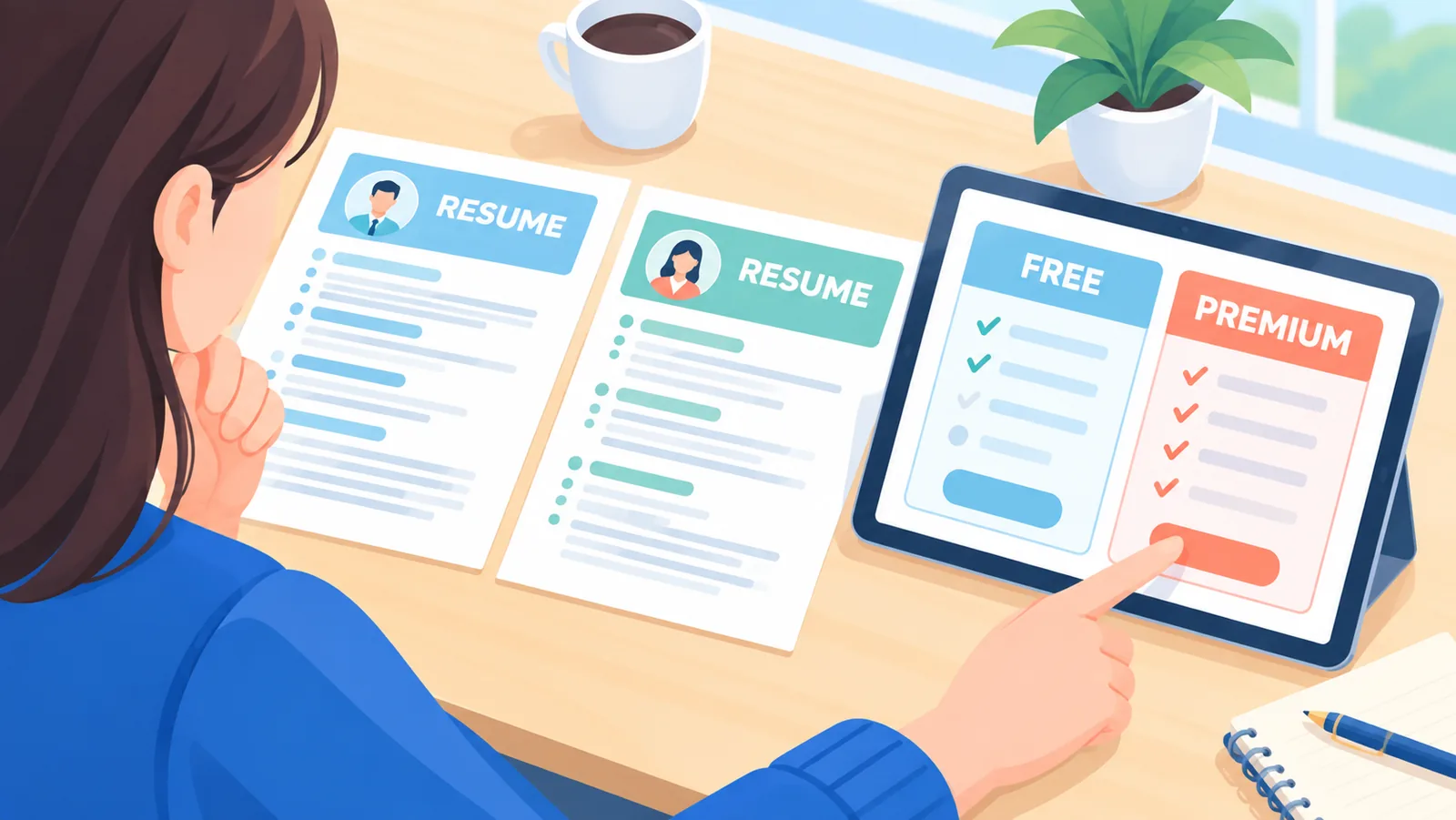 Perbandingan harga dan fitur resume builder di atas meja