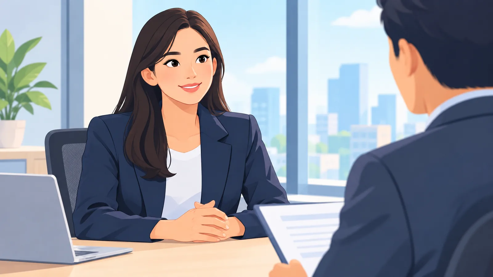 Kandidat berbincang santai dengan pewawancara di ruang kantor modern