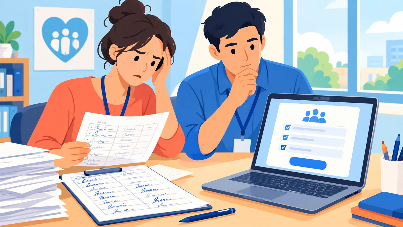 Koordinator relawan membandingkan formulir kertas dan digital di kantor komunitas