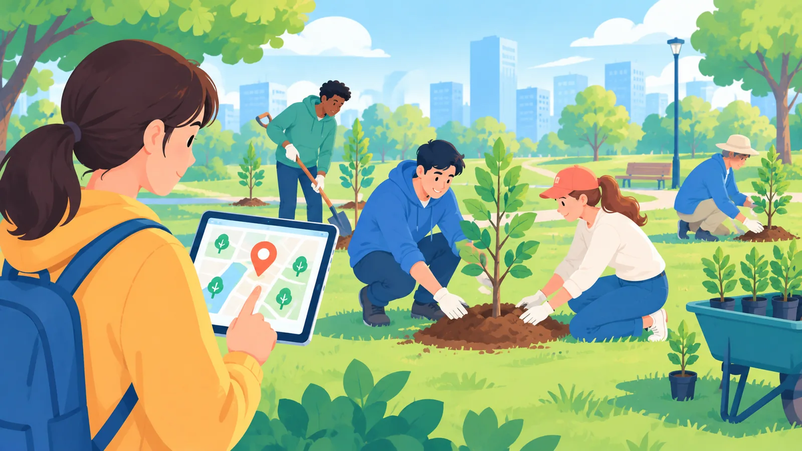 Warga menanam pohon bersama di taman lokal sambil memegang peta lokasi digital