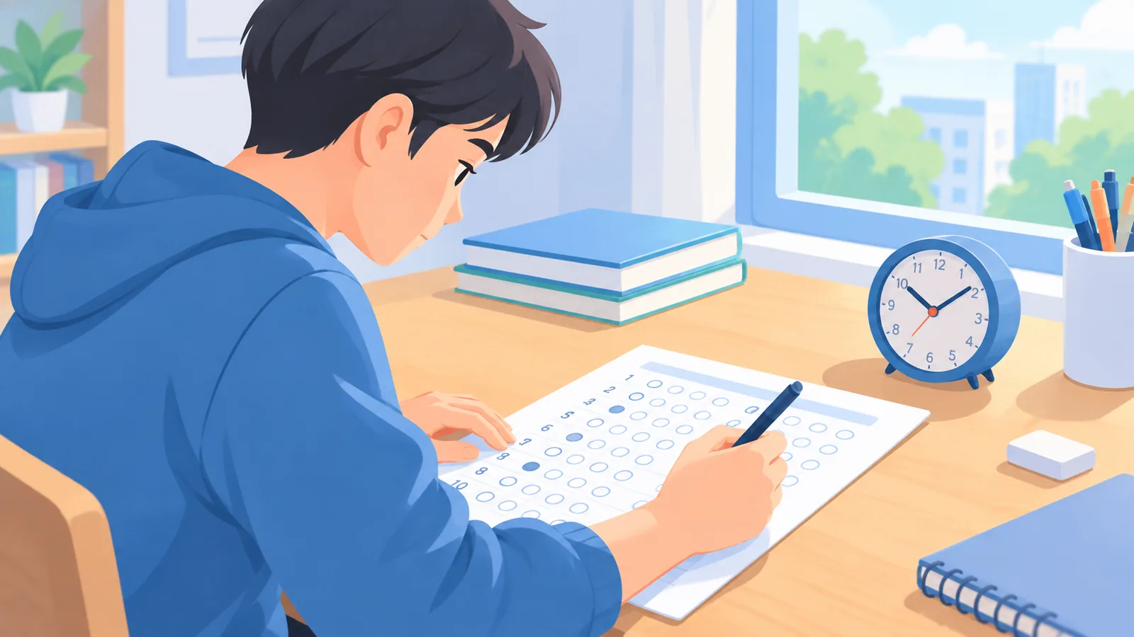 Pelajar mengerjakan tryout diagnostik berwaktu di meja belajar