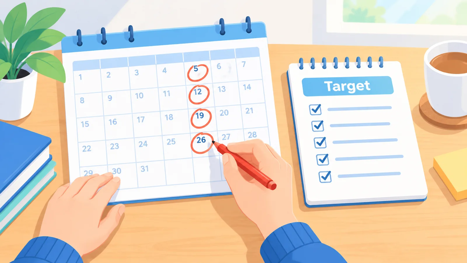 Tangan menandai hitung mundur waktu belajar pada kalender
