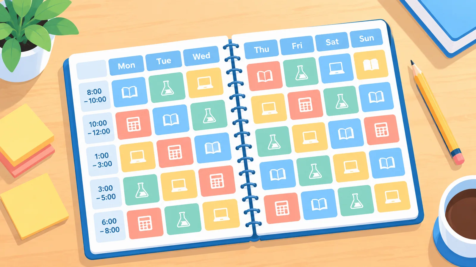 Jadwal belajar mingguan berwarna di buku catatan