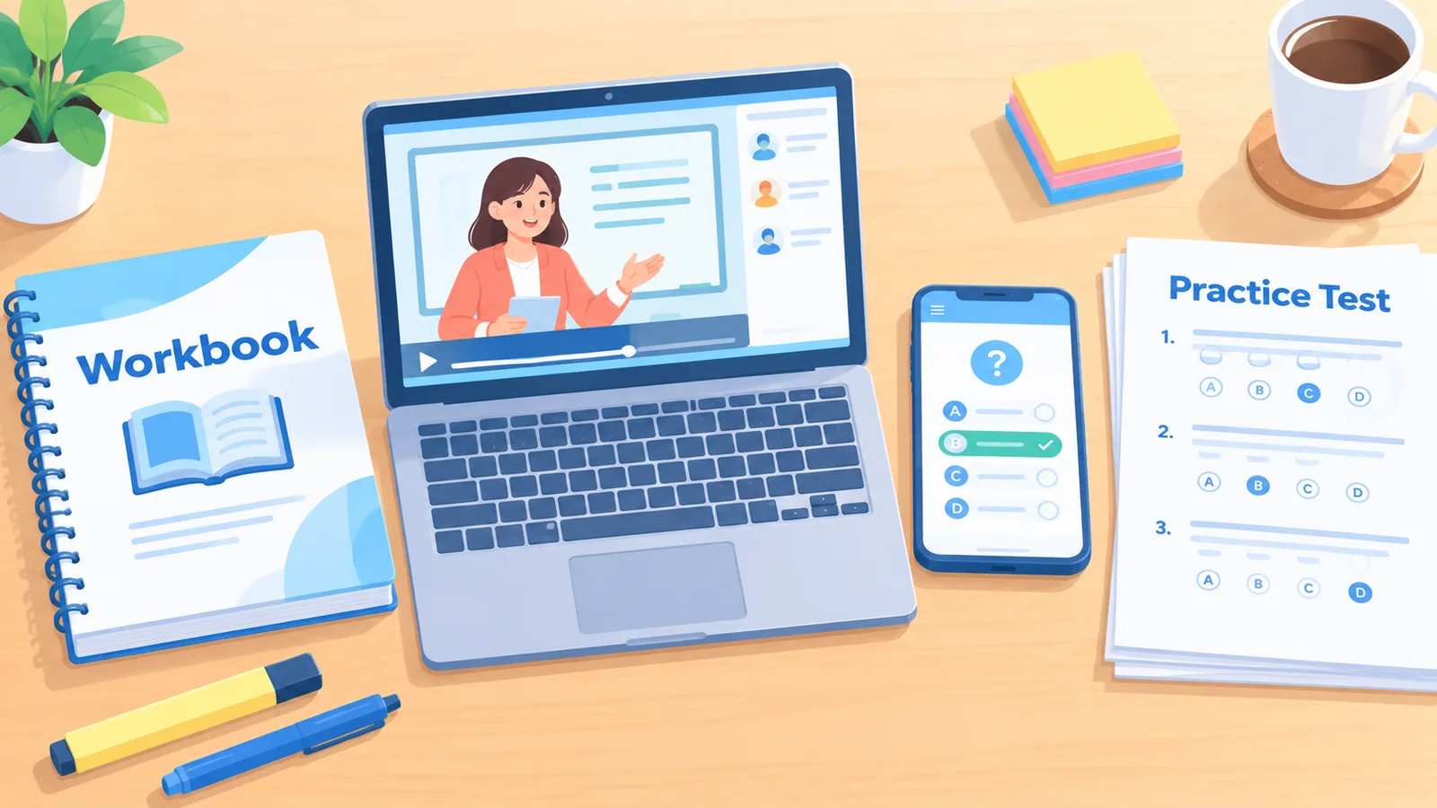 Buku, bimbel daring, aplikasi, dan paket tryout tersusun di meja
