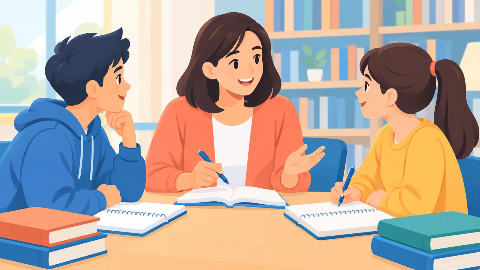 Tutor menjawab pertanyaan dua pelajar di perpustakaan