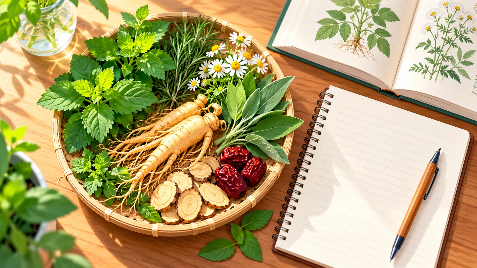 Daun dan akar tanaman obat segar di atas meja kayu bersama buku catatan dan buku referensi