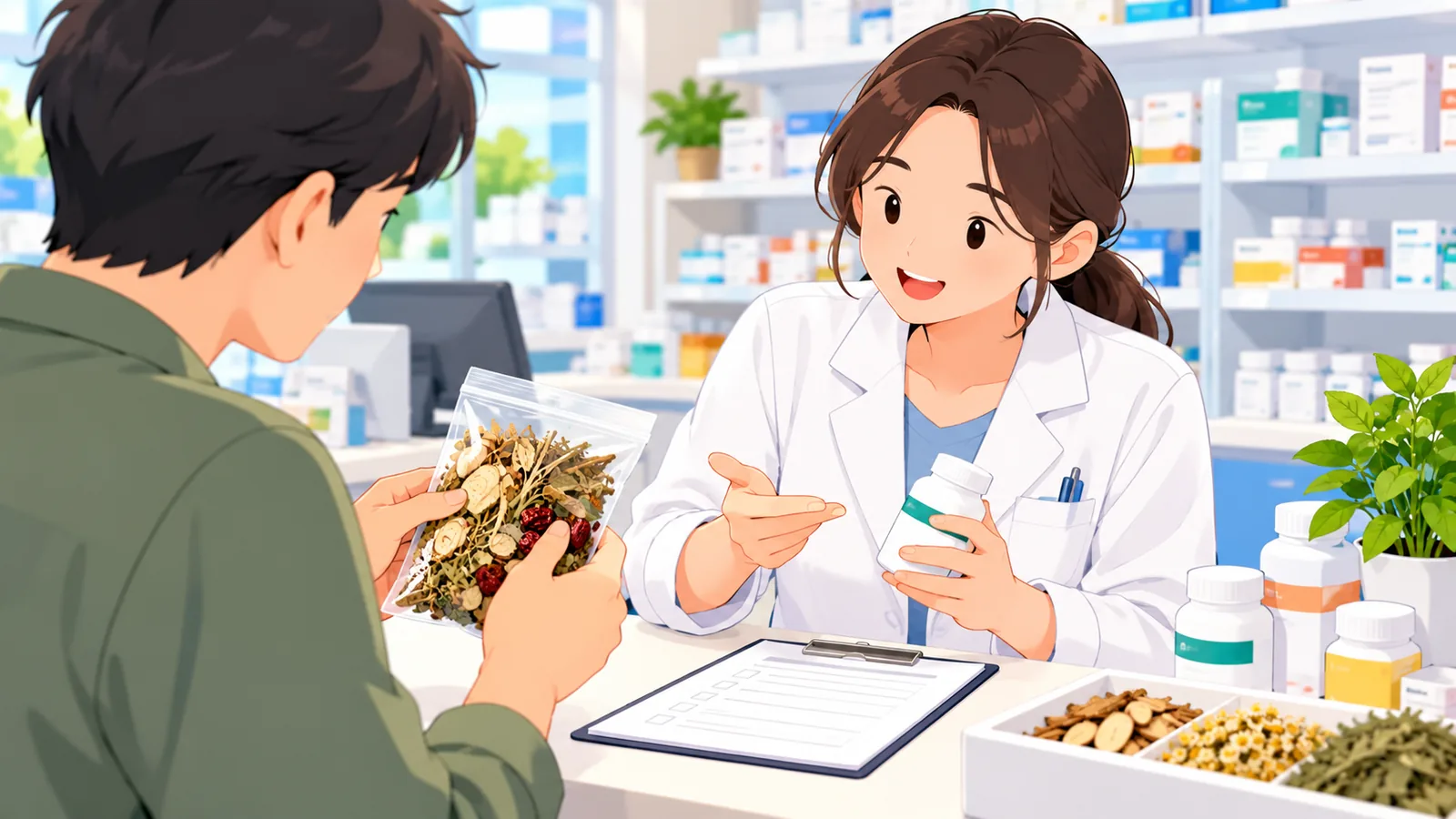 Apoteker berkonsultasi dengan pelanggan tentang bahan herbal dan daftar obat