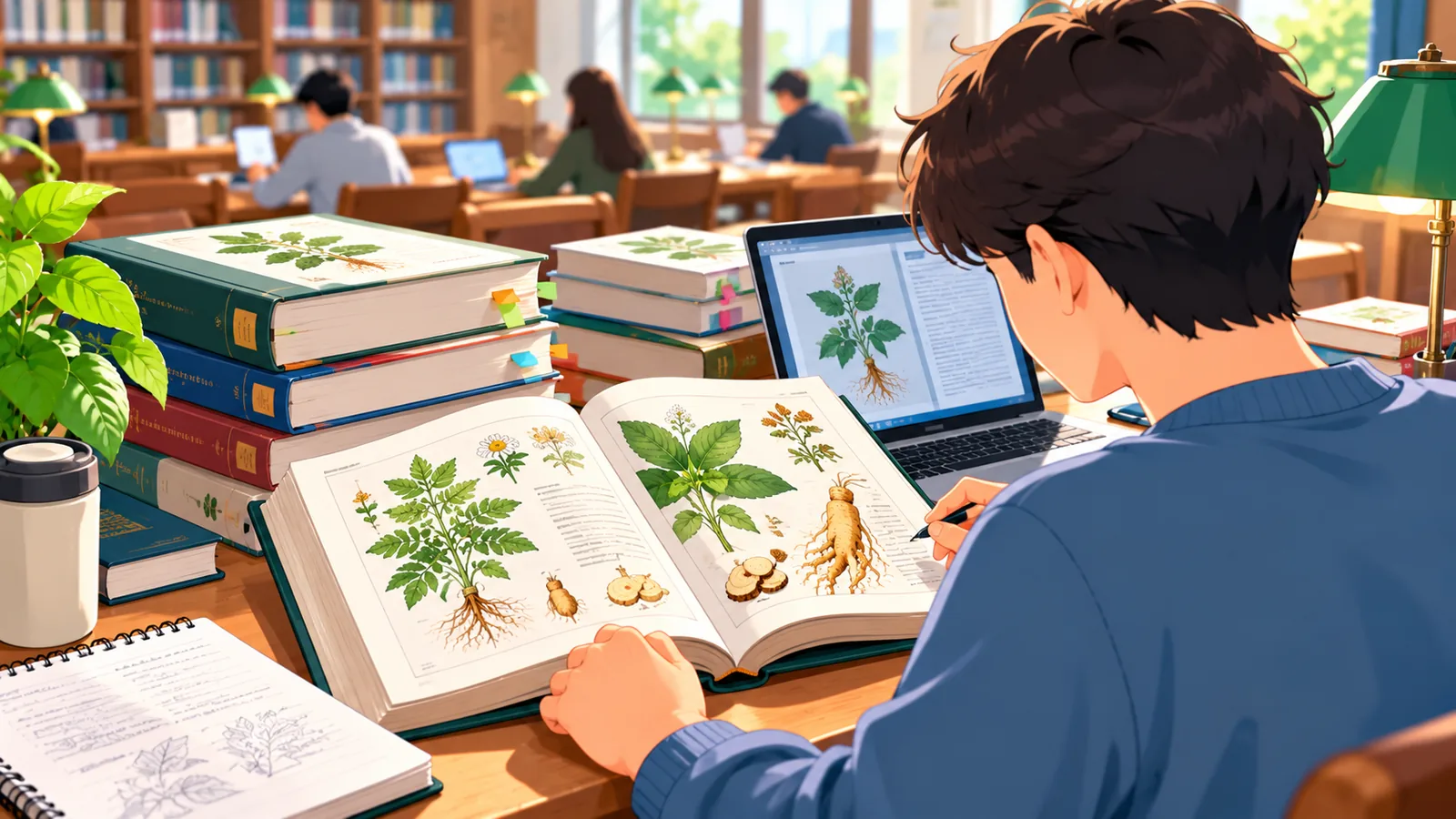 Mahasiswa membaca buku referensi herbal dan jurnal ilmiah di perpustakaan