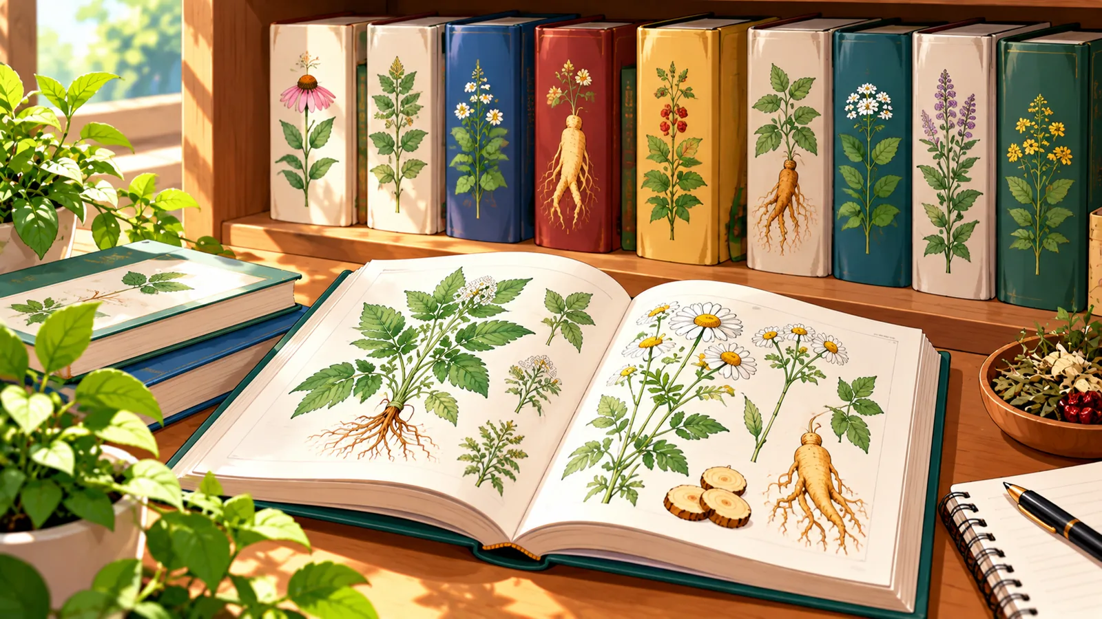 Deretan buku tanaman di rak kayu dengan satu buku terbuka menampilkan ilustrasi botani