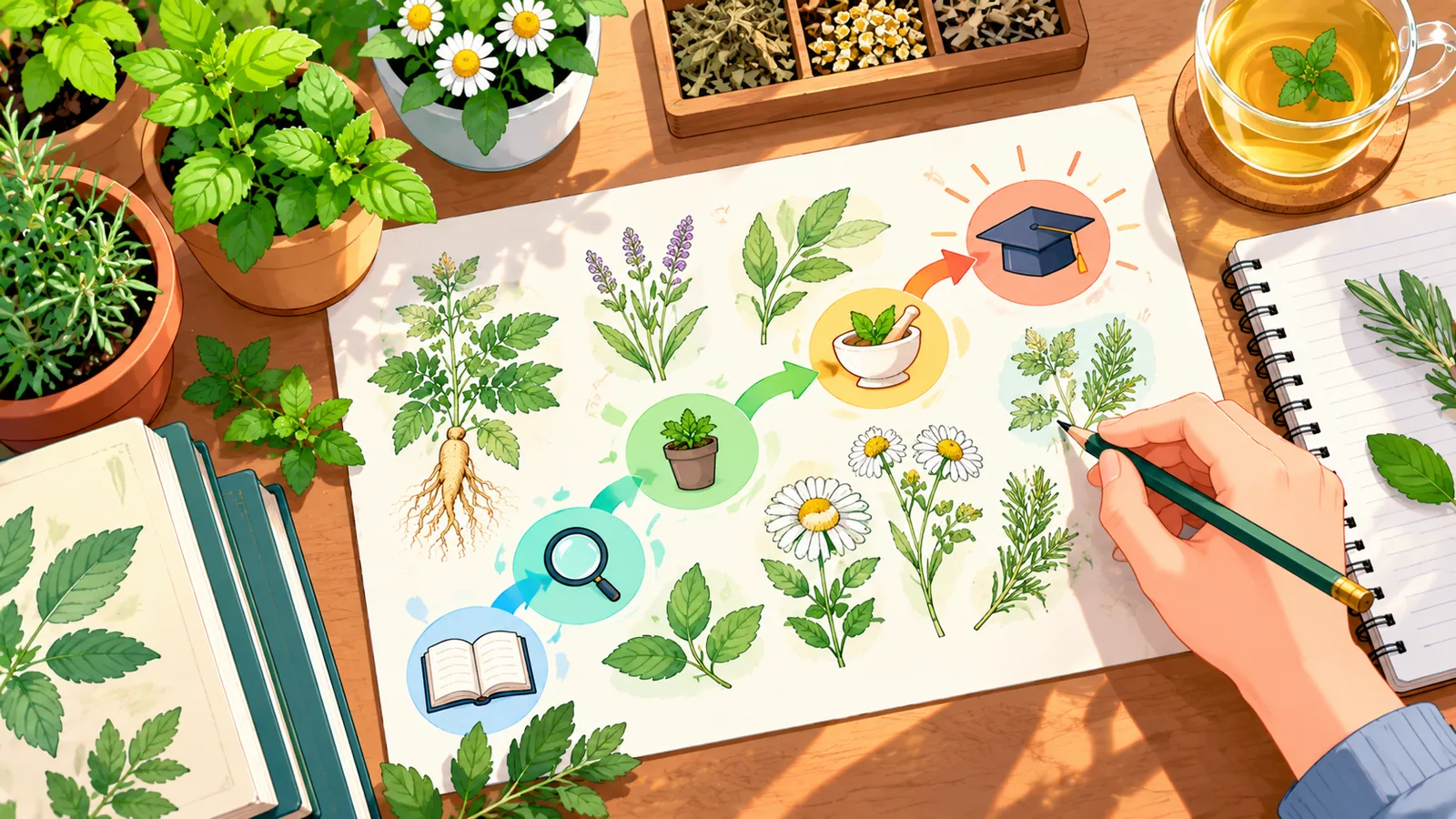 Peta jalur belajar tulisan tangan di samping bibit tanaman herbal dalam pot