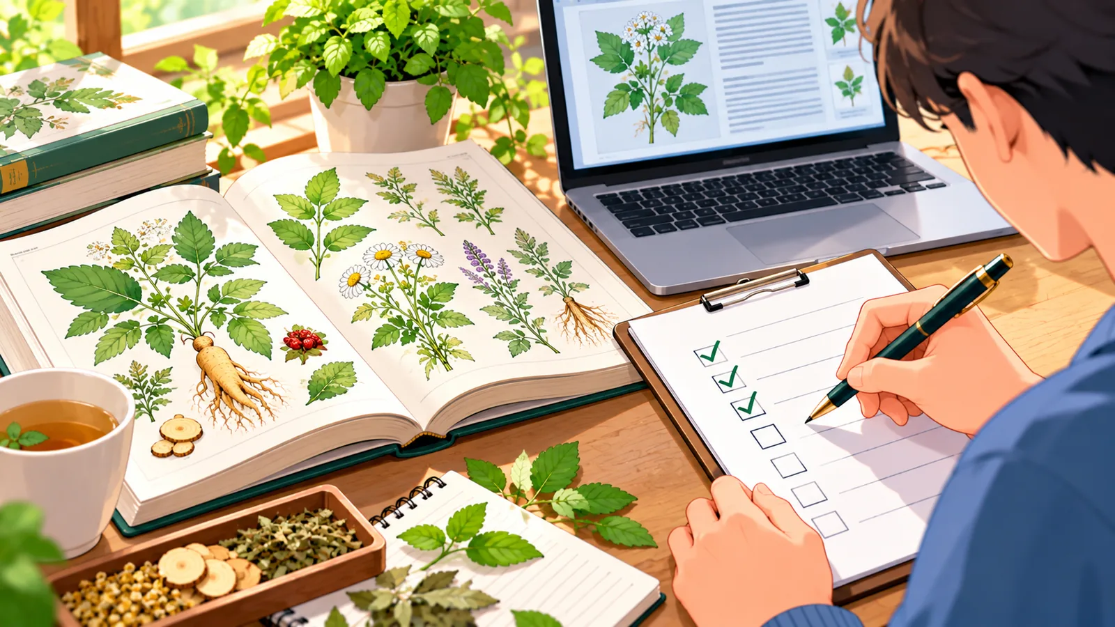 Seseorang mencentang daftar periksa sebelum membeli materi belajar herbal