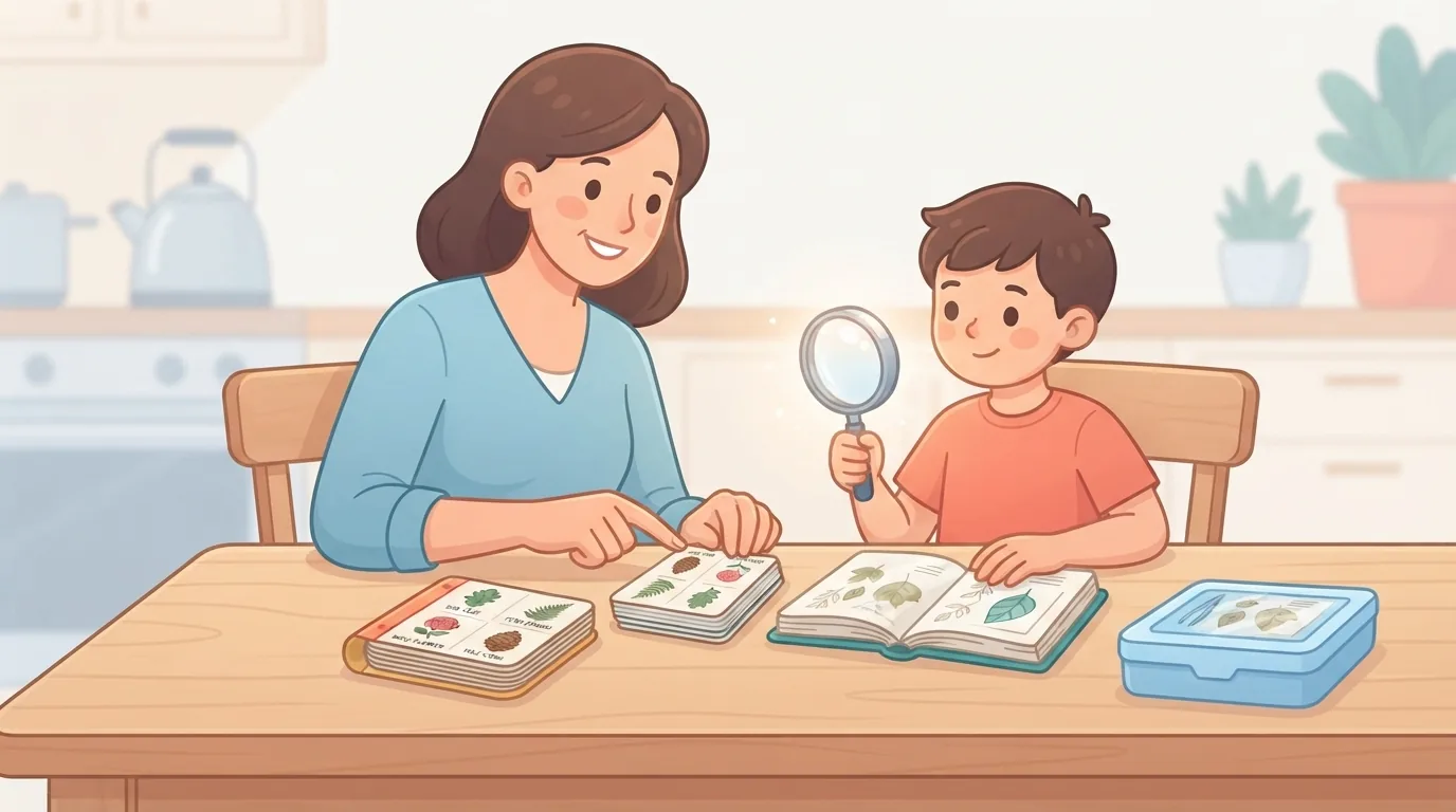 Orang tua dan anak memilih perlengkapan belajar tumbuhan bersama