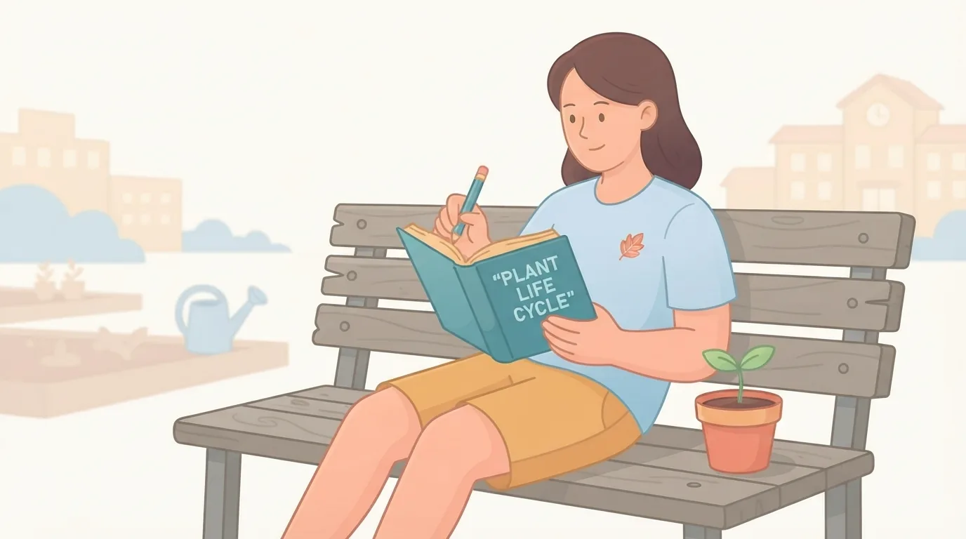 Pelajar membaca buku tentang tumbuhan di bangku taman sekolah