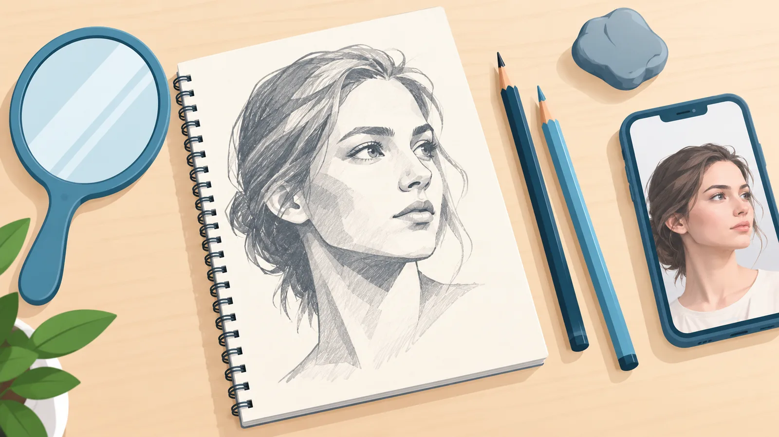Perlengkapan menggambar berupa pensil, penghapus, kertas sketsa, cermin, dan ponsel