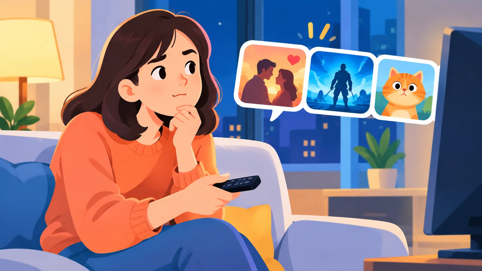 Seseorang duduk di sofa pada malam hari sambil memilih film di layar televisi